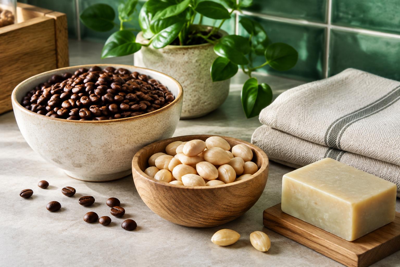 Kaffeebohnen, Nüsse, Leinentücher und feste Naturseife