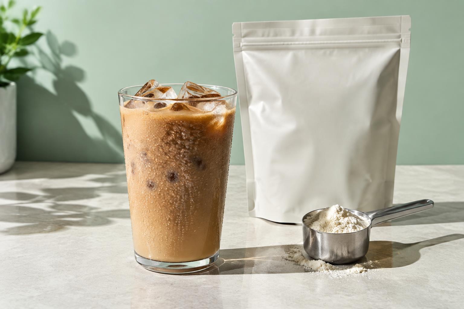 Cremiger Eiskaffee neben einem neutralen Pulverbeutel und Messlöffel