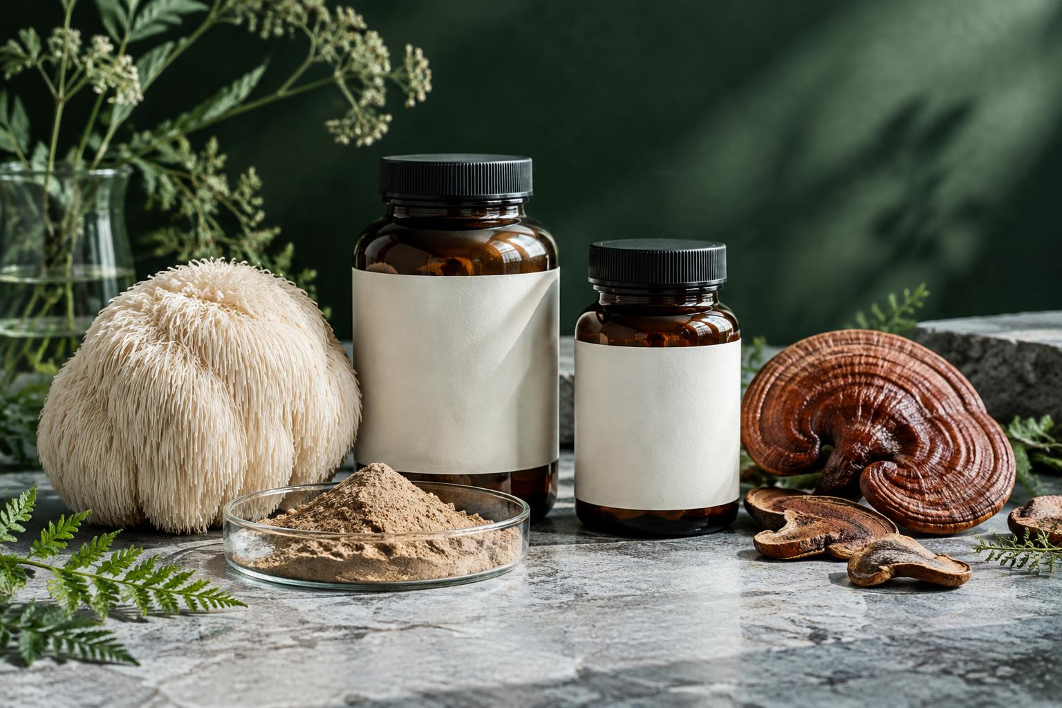 Supplementgläser mit Igelstachelbart, Reishi und Pflanzenpulver