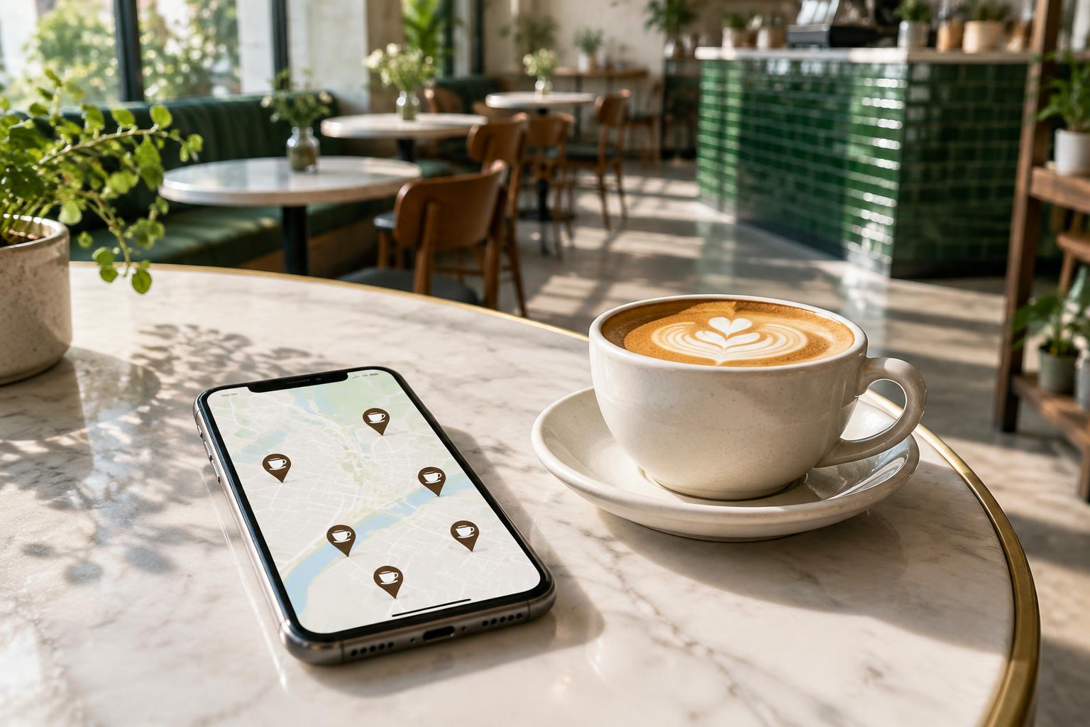 Smartphone mit Café-Kartenmarkierungen neben einem Kaffee in einem leeren Café