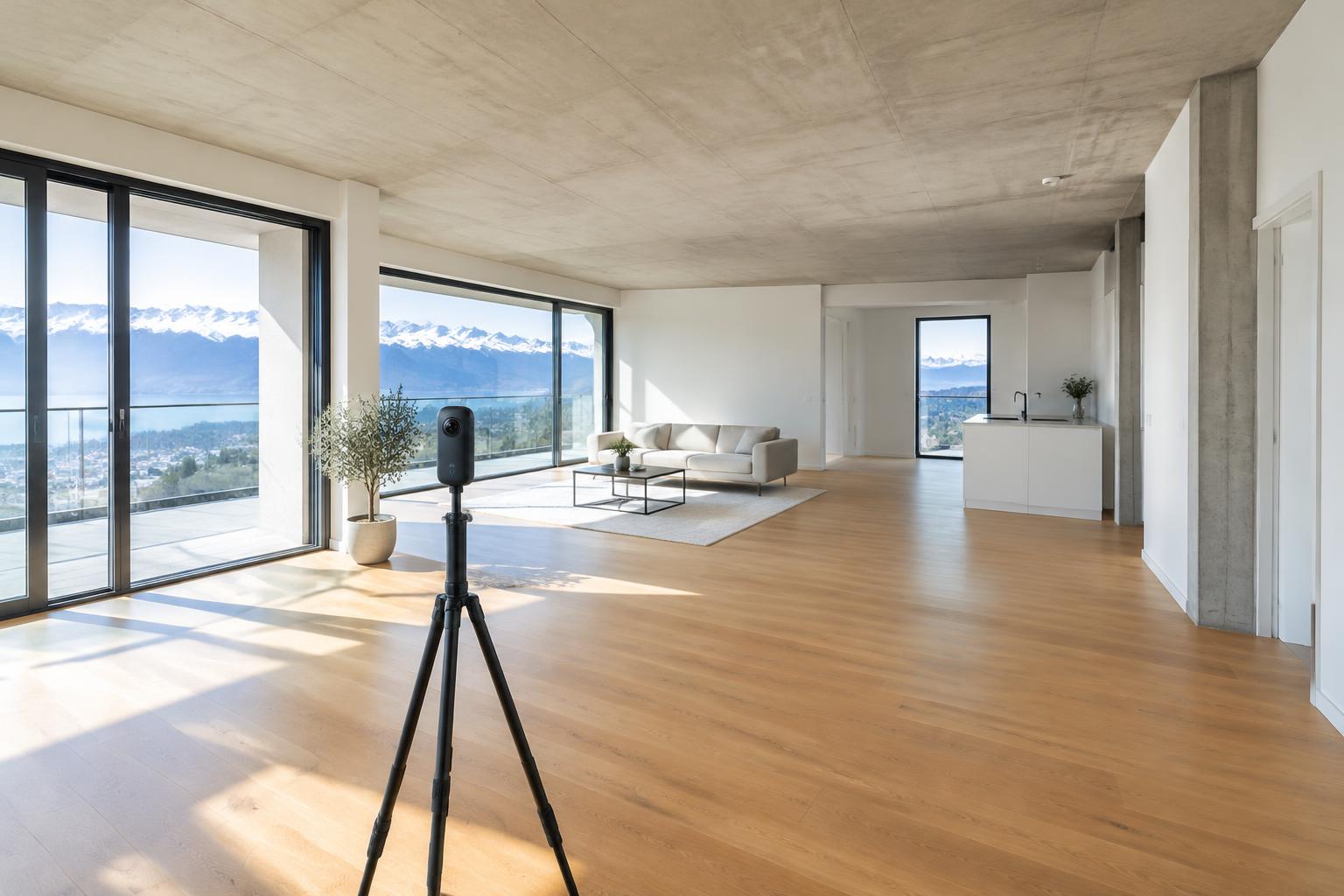 360°-Kamera auf einem Stativ in einer hellen modernen Wohnung