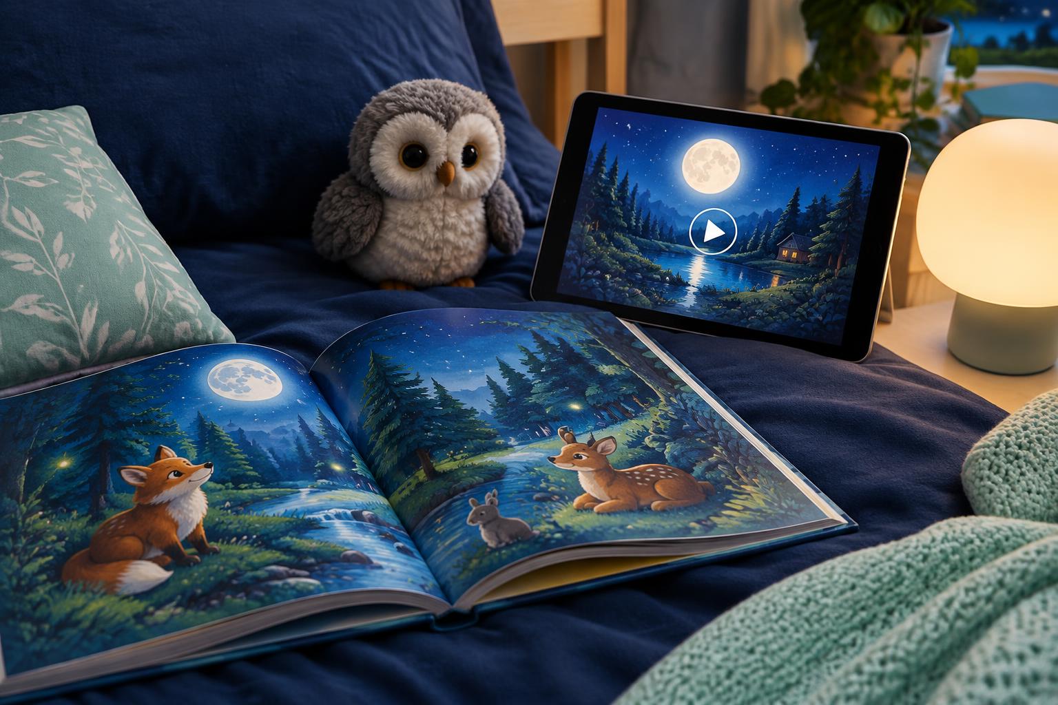 Illustriertes Geschichtenbuch, Plüscheule und Tablet mit einer Mondlandschaft